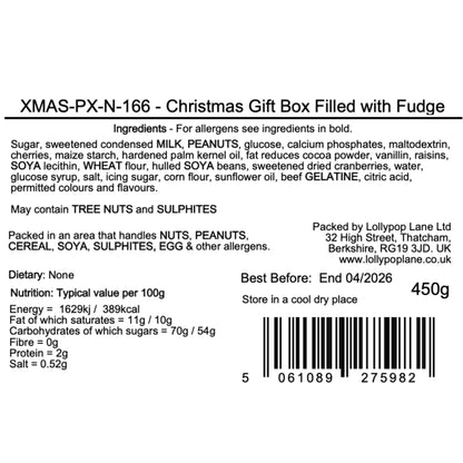 Label of a Christmas gift box filled with fudge, listing ingredients, allergens, and nutritional information.