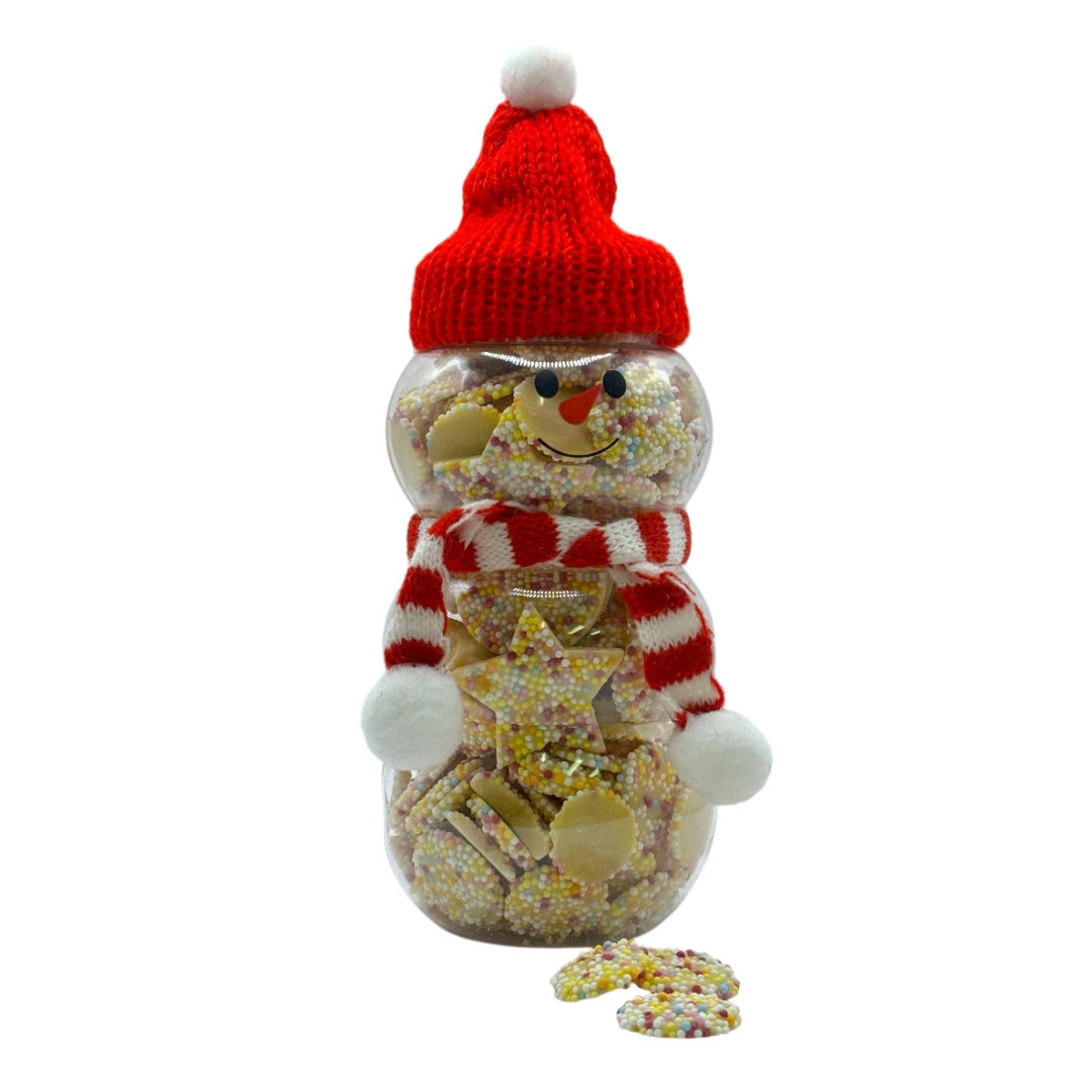 Christmas Snowman Jar filled with White Chocolate Snowies and Stars 300g on a white background