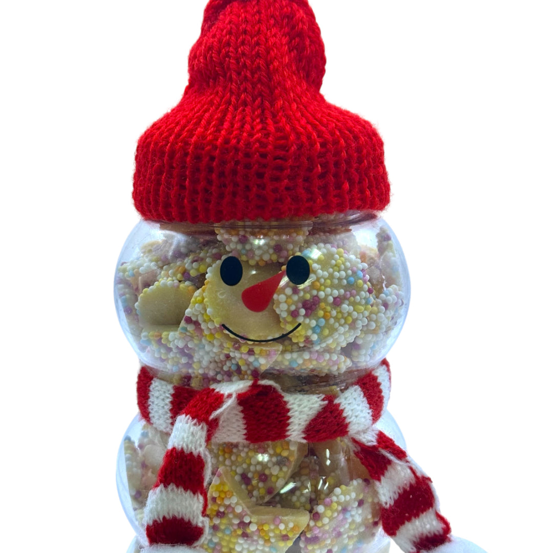 Close up of Christmas Snowman Jar filled with White Chocolate Snowies and Stars 300g