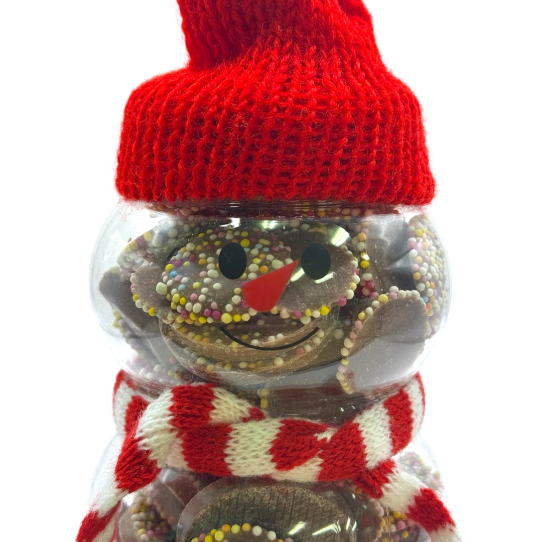 Close up Christmas Snowman Jar filled with Milk Chocolate Jazzle's and Stars 300g