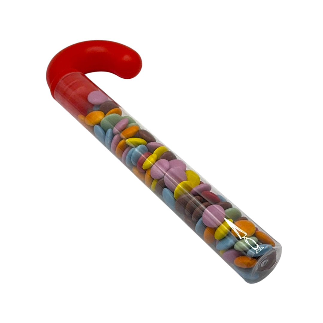 Lollypop Lane Candy Cane filled with Milk Chocolate Beans on a white background.
