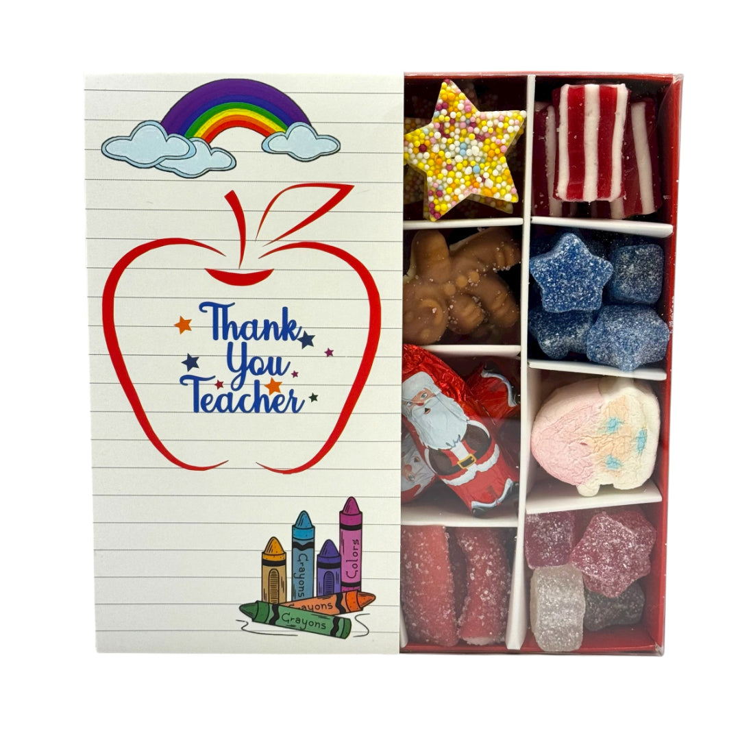 Teacher Christmas Gift, Festive Sweet Selection on a white background.