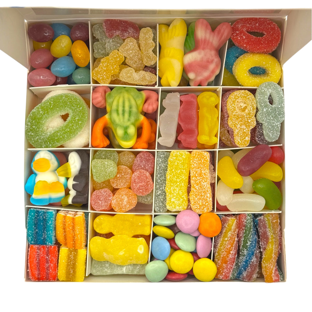 Lollypop Lane Happy New Year Gift Box, Pick n Mix Sweets with the lid open.