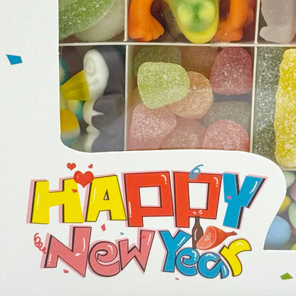 Lollypop Lane Happy New Year Gift Box, Pick n Mix Sweets showing close up of Happy New Year 