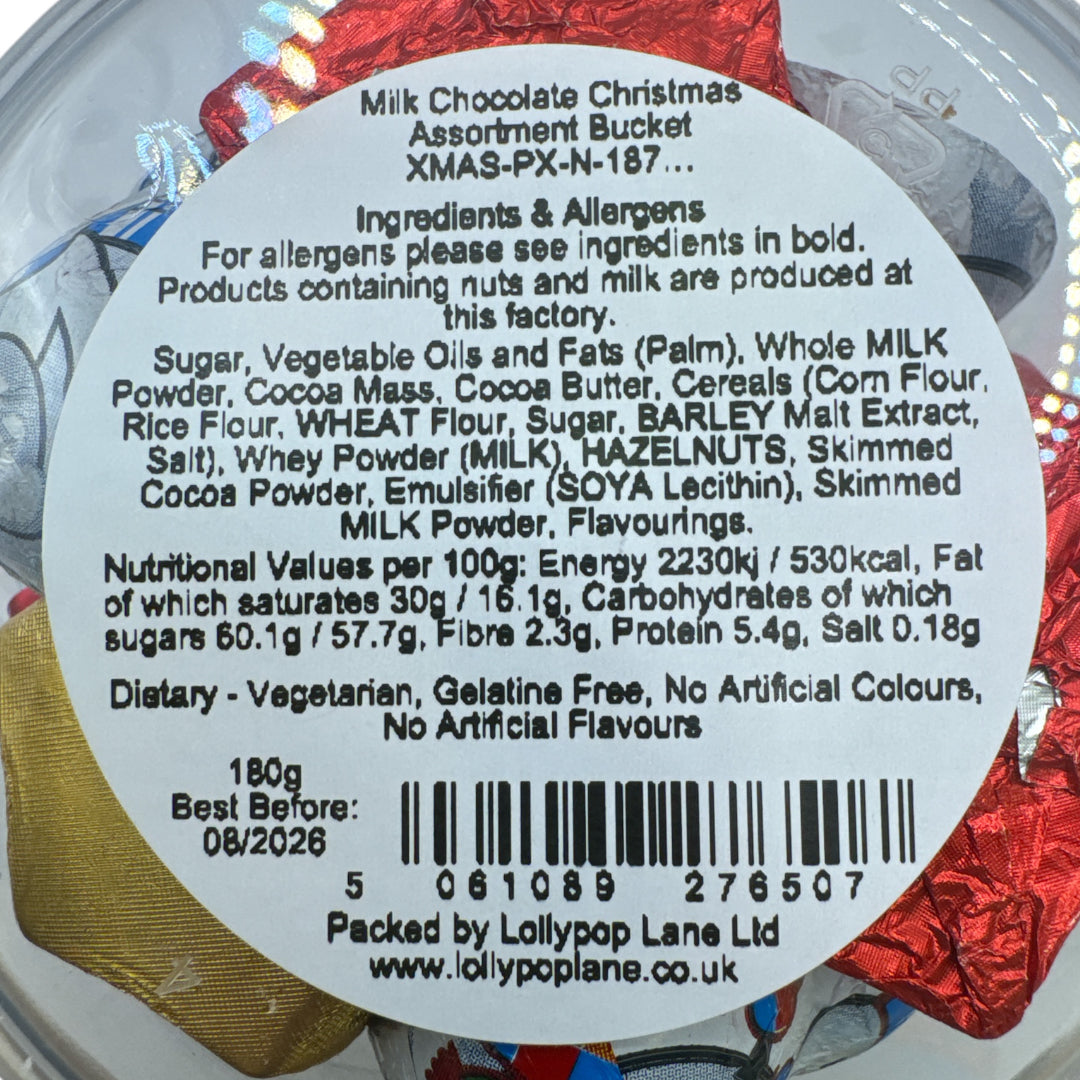 Lollypop Lane Milk Chocolate Christmas Assortment Bucket 180g showing the ingredients and nutrition label.